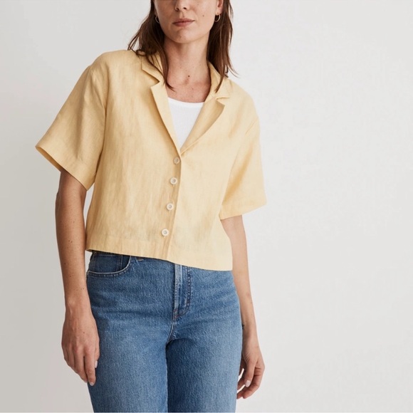 Madewell 100% Linen Resort Yellow Boxy Crop Button Down Shirt - Picture 1 of 12